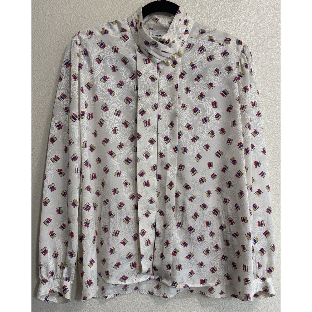 Vtg Button Down Blouse 80s Art Teacher Retro Primary Colors Women’s Size 8 (38)